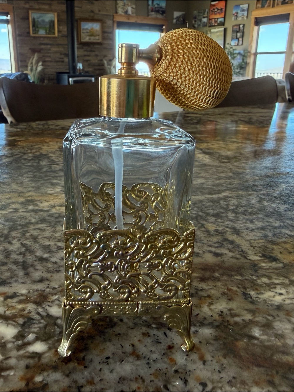 Vtg Empty Perfume Filigree Bottle With Spray Bulb Decor Prop Art